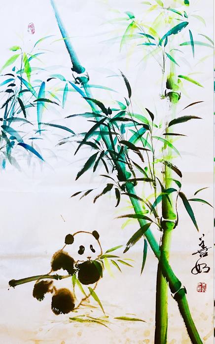 书画家王晓燕作品《熊猫爱竹》